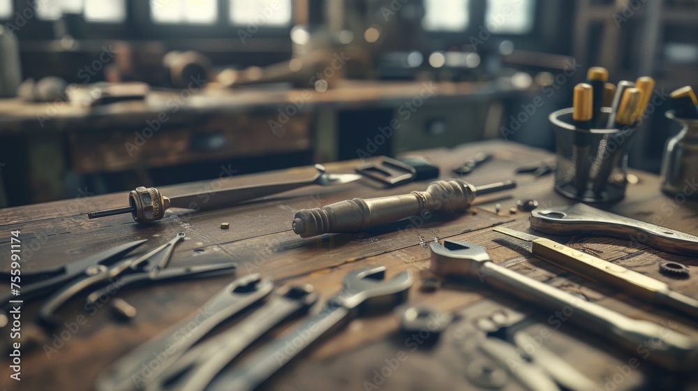 Poster various tools arranged on a wooden table, suitable for construction or diy projects.