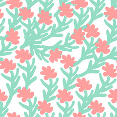 seamless pattern with plants and flowers in flat style in vector. template for background, wallpaper, wrapping, fabric, print