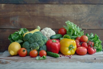 A variety of colorful vegetables neatly arranged on a wooden table. Ideal for healthy eating concepts.