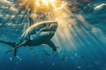 Great white shark with its main four fins swimming under sun rays in the blue Pacific Ocean