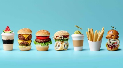 A row of food items and drinks, including a hamburger, a salad, a sandwich, a cup of coffee, a cup of tea, a cup of juice, a cup of soda, a cup of milk, a cup of water, a - obrazy, fototapety, plakaty