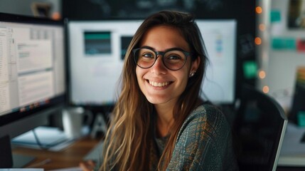 A woman is smiling and sitting at a desk with two computer monitors. She is wearing glasses and she is happy