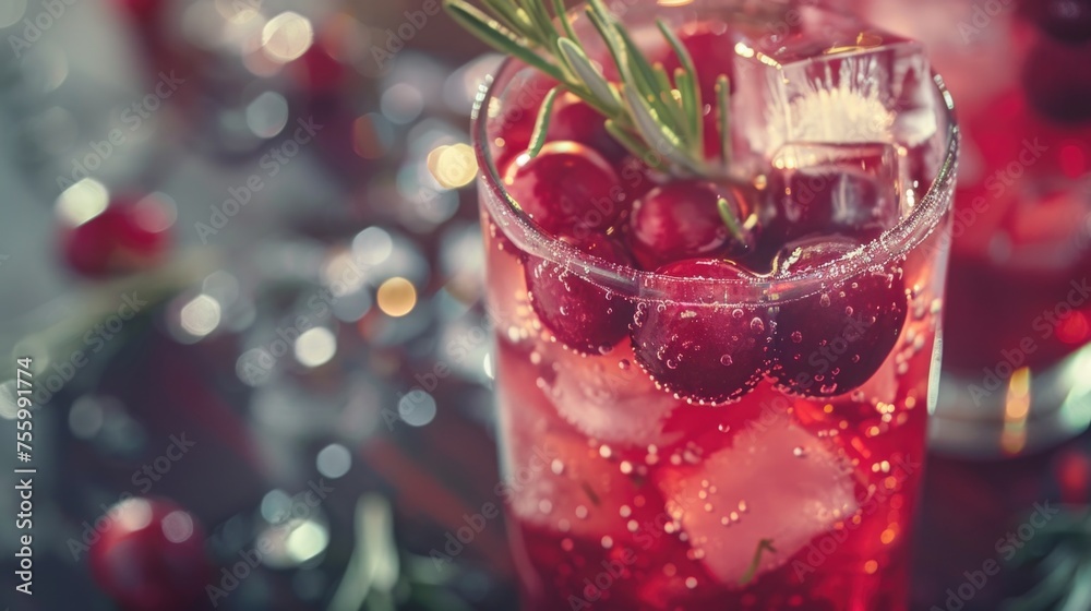 Aufkleber refreshing drink with ice cubes and cranberries, perfect for cocktail menus.