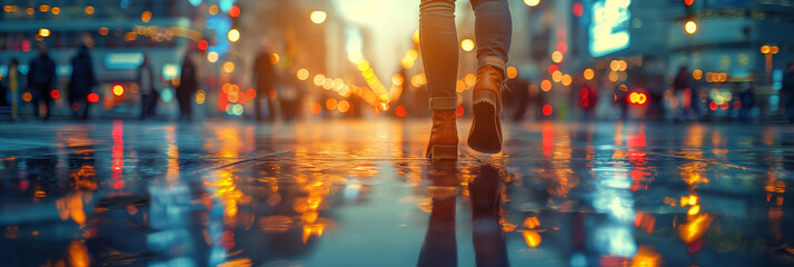 Obraz premium City streets after rain at twilight, glowing reflections on wet pavement, capturing urban life, movement, and vibrant nightlife