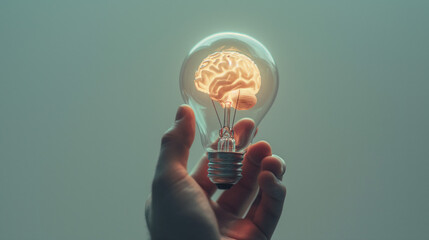 Hand Holding Glowing Brain Light Bulb on Neutral Background: Concept of Creativity, Thinking, Brainstorming, Innovation and Idea Generation. With Copy Space