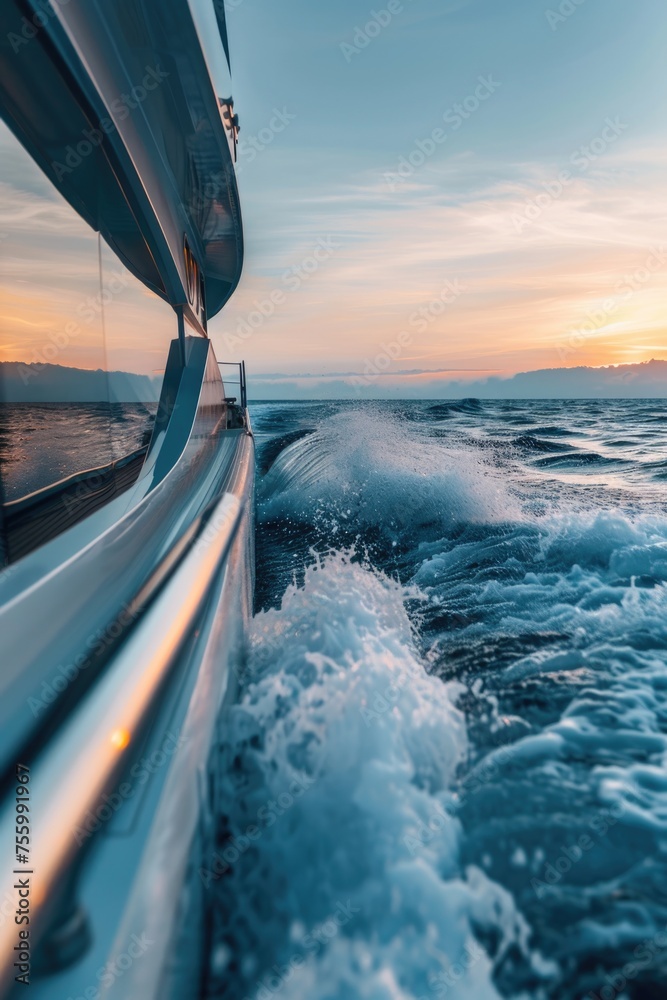 Poster a serene view of the ocean from a boat at sunset. perfect for travel and nature concepts.