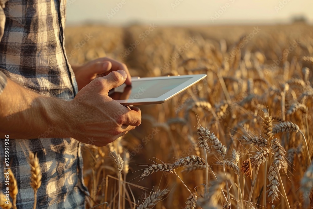 Poster A man standing in a wheat field with a tablet. Suitable for technology or agriculture concepts.