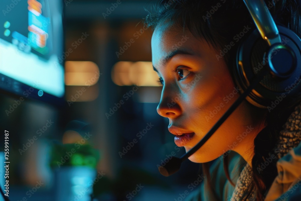 Aufkleber A woman wearing a headset while using a computer. Suitable for technology and communication concepts.