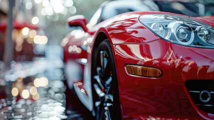 Red sports car parked on wet street. Suitable for automotive and transportation concepts.