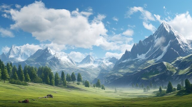 Green valley, forest, and snow-capped mountains create idyllic scene