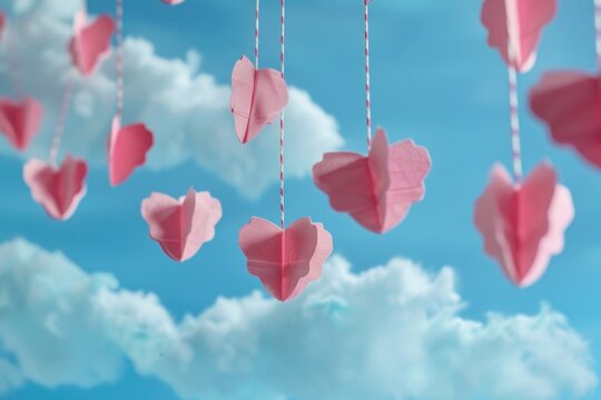 Colorful paper hearts hanging on a string. Perfect for Valentine's Day decorations.