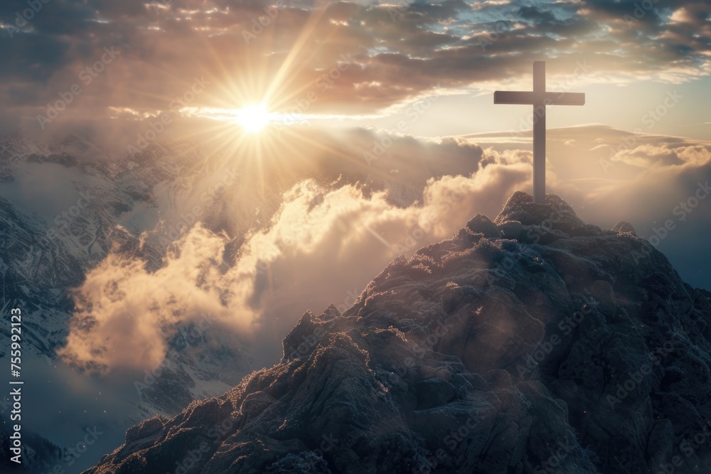 Poster a cross on top of a mountain with the sun in the background. suitable for religious and inspirationa