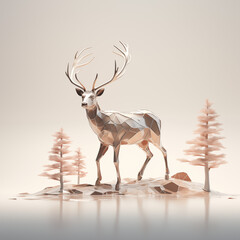 3D statue of a deer, Illustration, abstract, hunting theme,  christmas, new year, beautiful picture, mountains, forests, snow