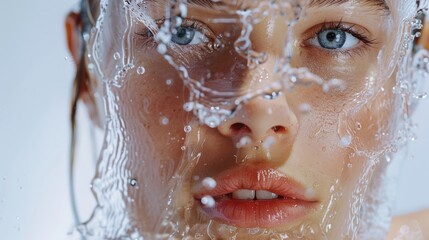 Close up of a person with water on their face. Great for skincare or spa concepts.