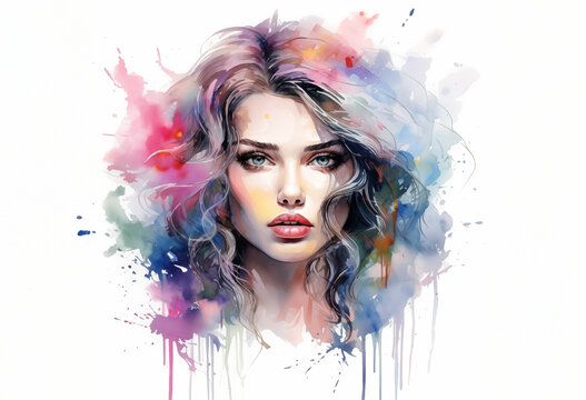 Portrait of a young beautiful woman in abstract style, hand drawn, watercolor paints, aqarelle, bright colors, beauty and health, cosmetology or for a beauty salon, illustrator