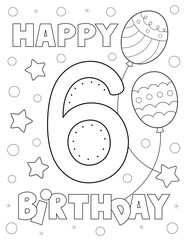 Obraz premium happy 6 birthday coloring page. fun design with big number six, balloons and stars. you can print it on standard 8.5x11 inch paper
