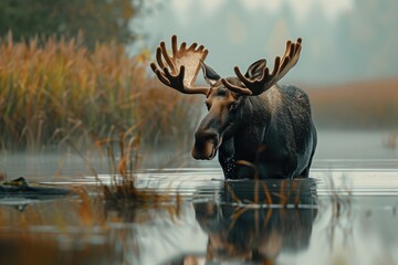 Majestic moose standing in a body of water, suitable for nature and wildlife themes. - Powered by Adobe