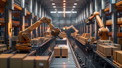Automated logistics warehouse with robotic arms and conveyor belts