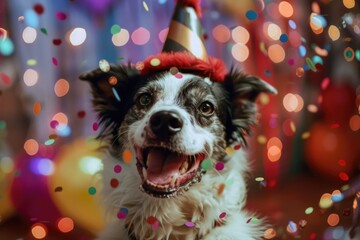 A dog wearing a party hat surrounded by confetti. Perfect for celebration concepts.