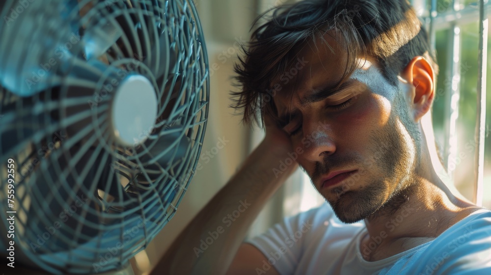 Poster a man sitting in front of a fan, suitable for home and technology concepts.