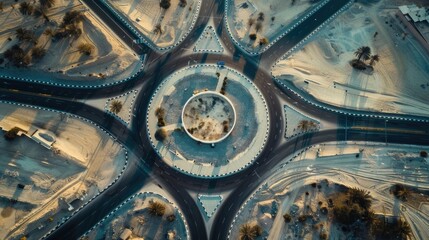 Fototapeta na wymiar Aerial view of a highway intersection with a bowl of water, suitable for transportation or urban planning concepts.