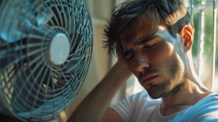 A man sitting in front of a fan, suitable for home and technology concepts.