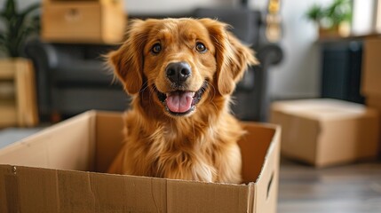 Fototapeta na wymiar Photo of pedigree cute dog poses on pile of cardboard boxes, relocate in new flat
