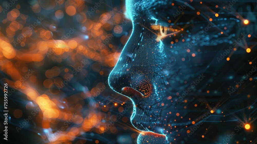 Aufkleber close up of a person's face with glowing lights in the background. ideal for technology or futuristi