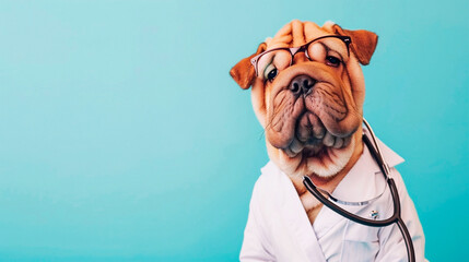 World Veterinary Day. Sharpie dog with a stethoscope and glasses dressed as a vet isolated on blue background with place for text.Dog at a veterinary clinic. The concept of pet care.