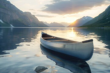 A small boat floating peacefully on a serene lake. Perfect for travel and nature concepts. - obrazy, fototapety, plakaty