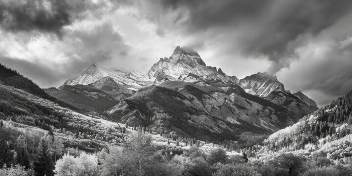 A stunning black and white photo of a majestic mountain range. Perfect for travel blogs or nature websites.
