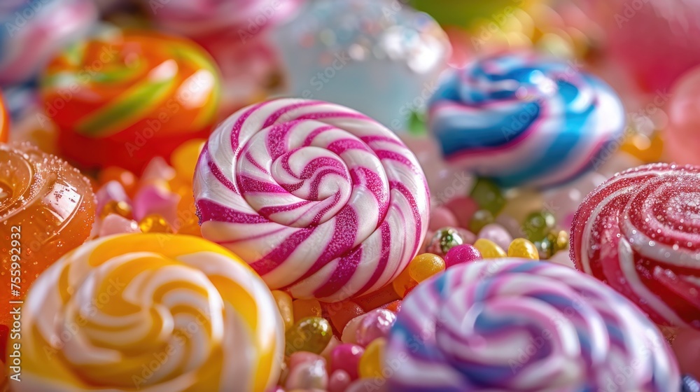 Poster A close-up view of a pile of colorful lollipops. Ideal for sweet treat or candy shop concepts.