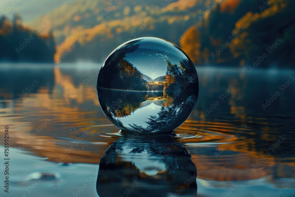 Poster a glass ball resting on calm water, suitable for various design projects.