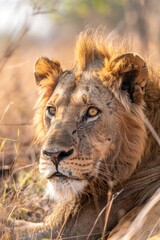 Fototapeta premium Close up of a lion laying in the grass. Suitable for wildlife or nature concepts.