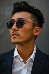A man wearing sunglasses and a white shirt. Suitable for fashion and lifestyle themes.