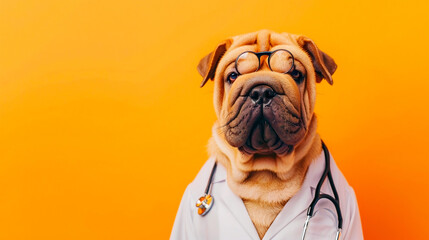 World Veterinary Day. Sharpie dog with a stethoscope and glasses dressed as a vet isolated on blue background with place for text.Dog at a veterinary clinic. The concept of pet care. - obrazy, fototapety, plakaty