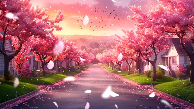 village: Pink Cherry Trees, Sunset, Serene Atmosphere. Seamless looping 4k time-lapse video animation background 