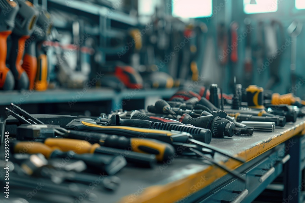 Aufkleber a variety of tools neatly arranged on a table. ideal for construction or diy projects.