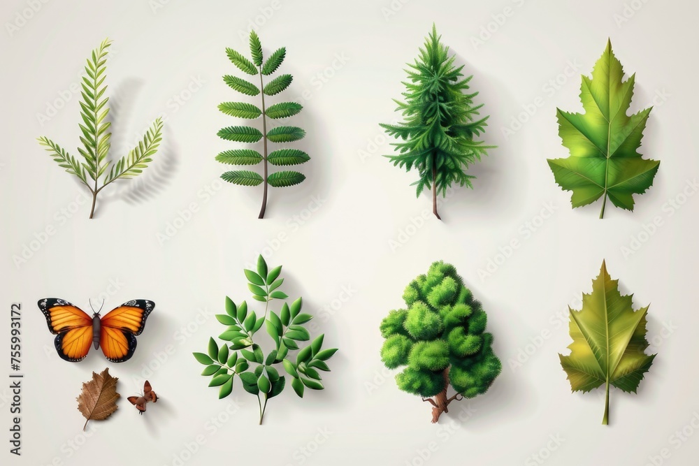 Poster Collection of different types of leaves on a white surface. Suitable for botanical projects.