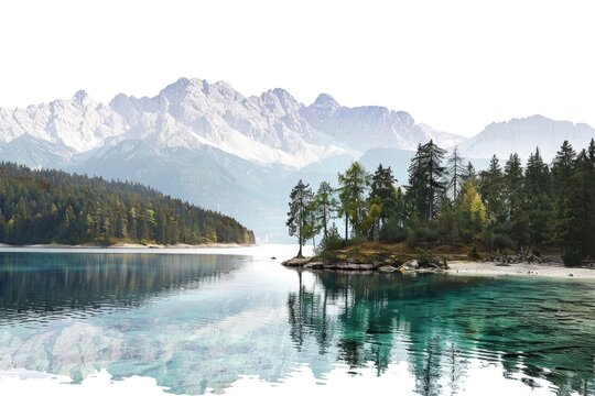 A tranquil body of water surrounded by lush trees and majestic mountains. Perfect for nature-themed designs.