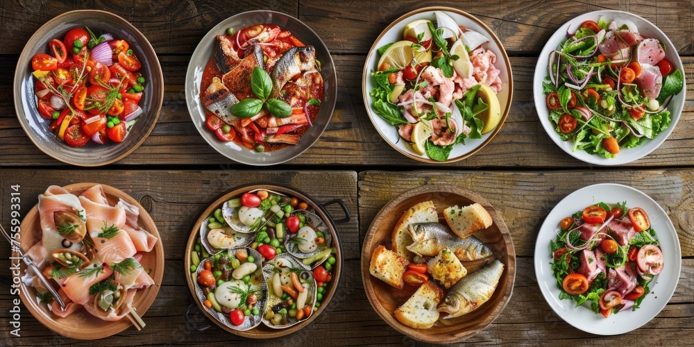Aufkleber various plates of food displayed on a table, suitable for food and dining concepts.