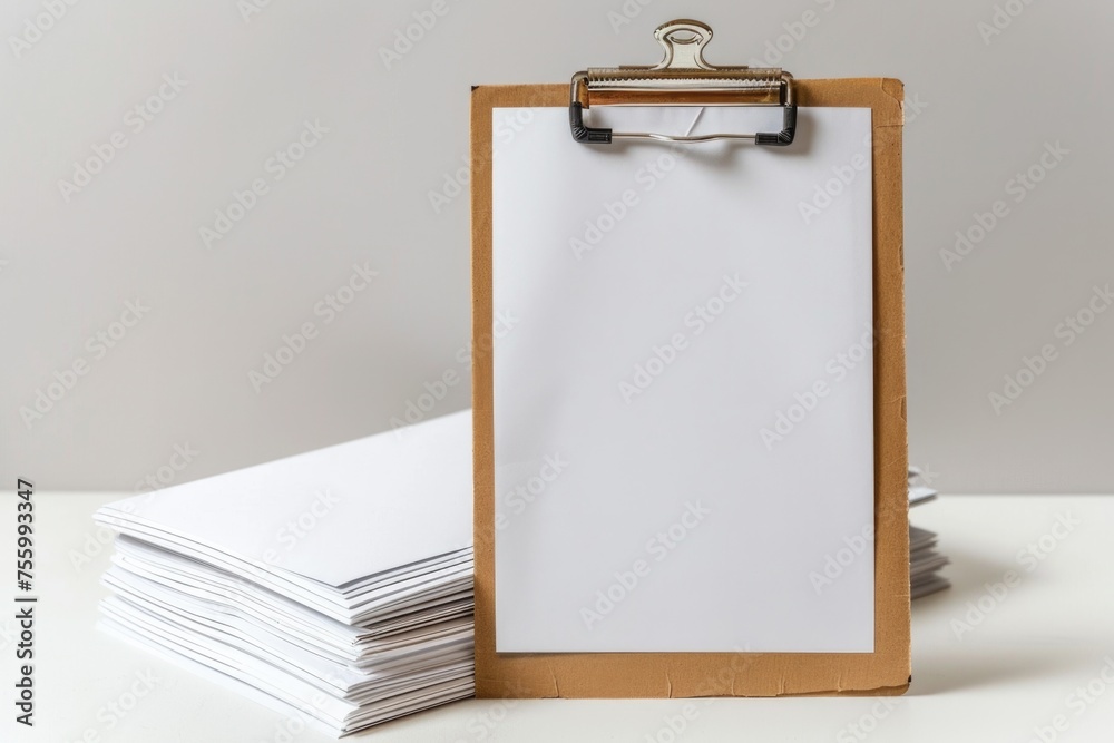 Poster a clipboard sitting on a table next to a pile of papers. ideal for office or education concepts.