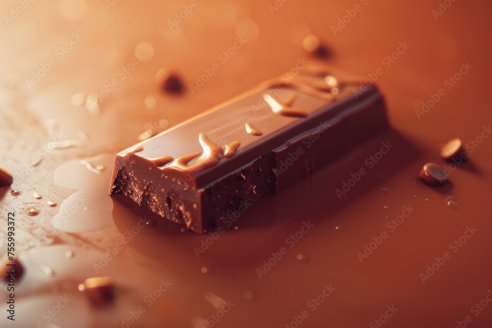 Poster a single piece of chocolate resting on a table. suitable for food and dessert concepts.