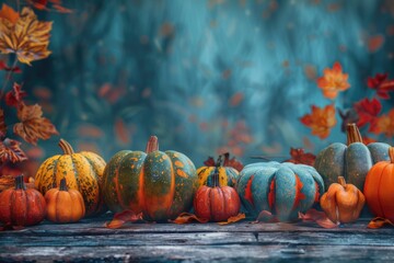 Group of pumpkins sitting on a wooden table, perfect for autumn and harvest themed designs. - obrazy, fototapety, plakaty