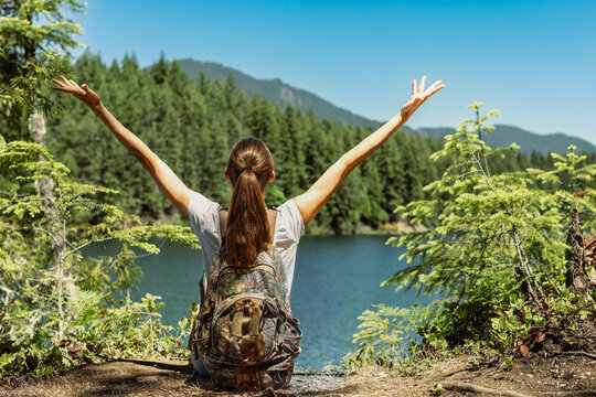 Carefree happy woman enjoying nature,Freedom,Enjoyment,Relaxing in mountains 