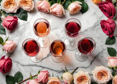 Various shades of rose wine. Flat-lay of rose wine in different colors in glasses and spring blossom flowers over marble background, top view