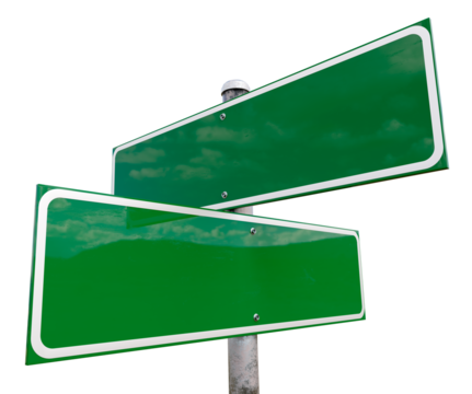 Blank 2 Way Green Road Sign Ready for Your Concepts. Transparent PNG.