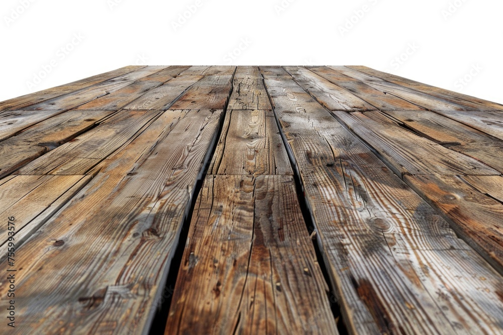 Poster a simple wooden table against a clean white backdrop. ideal for product showcasing.