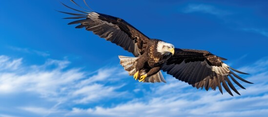 Obraz premium A majestic bald eagle, a sea eagle from the Accipitridae family of birds of prey, soars through the blue cloudy sky with its sharp beak and keen eyesight as it searches for prey