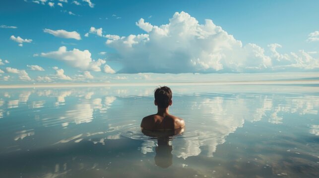 A person standing in a body of water with clouds in the background. Suitable for various design projects.